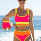🌼 Färgblockerad Sportig 3-delars Bikiniset i Nylon – Högmidja med Magekontroll 👙