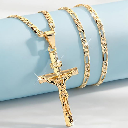 ✝️ 73% RABATT! ✨ Guldkrucifixhalsband – Detaljerat INRI-motiv, justerbar figarokedja och glittrande finish 💛
