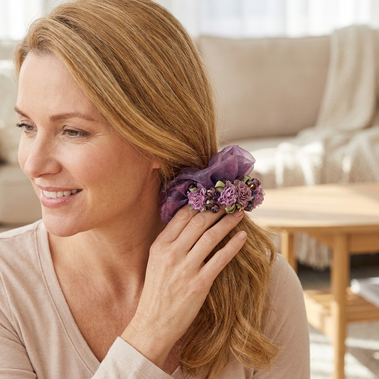 Elegant hårsnodd i organza med blommönster🌹