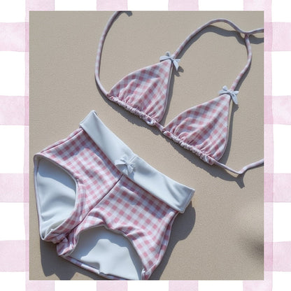 👙 50% RABATT | 2-delad bikinibaddräkt med rut- och randtryck • Justerbara band • Höftkorta trosor • Sommarstrandstil 🌊